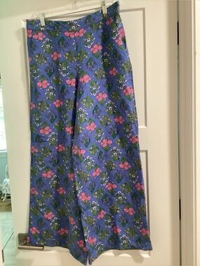 Loft Blue Floral Linen-Blend Pants